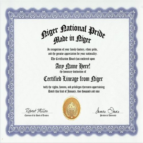 Niger Nigerien National Pride Certification: Custom Gag Nationality Family History Genealogy Certificate (Funny Customized Joke Gift - Novelty Item)