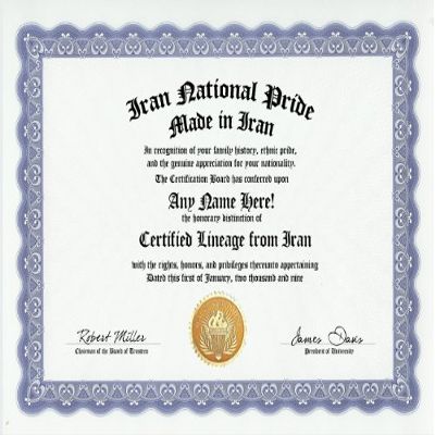 Iran Iranian National Pride Certification: Custom Gag Nationality Family History Genealogy Certificate (Funny Customized Joke Gift - Novelty Item)