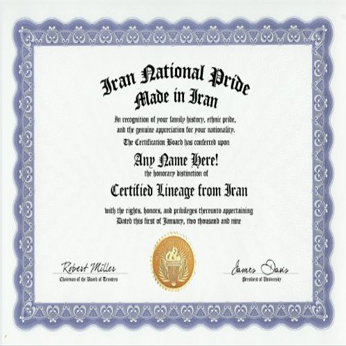 Iran Iranian National Pride Certification: Custom Gag Nationality Family History Genealogy Certificate (Funny Customized Joke Gift - Novelty Item)