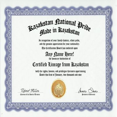 Kazakhstan Kazakhstani National Pride Certification: Custom Gag Nationality Family History Genealogy Certificate (Funny Customized Joke Gift - Novelty Item)