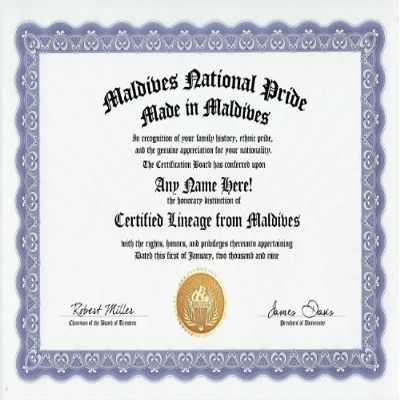 Maldives Maldivan National Pride Certification: Custom Gag Nationality Family History Genealogy Certificate (Funny Customized Joke Gift - Novelty Item)