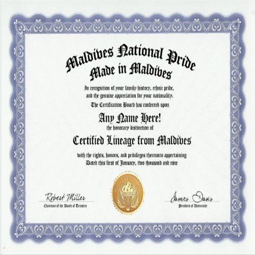 Maldives Maldivan National Pride Certification: Custom Gag Nationality Family History Genealogy Certificate (Funny Customized Joke Gift - Novelty Item)