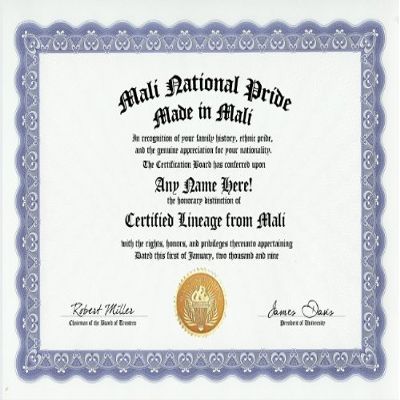 Mali Malian National Pride Certification: Custom Gag Nationality Family History Genealogy Certificate (Funny Customized Joke Gift - Novelty Item)