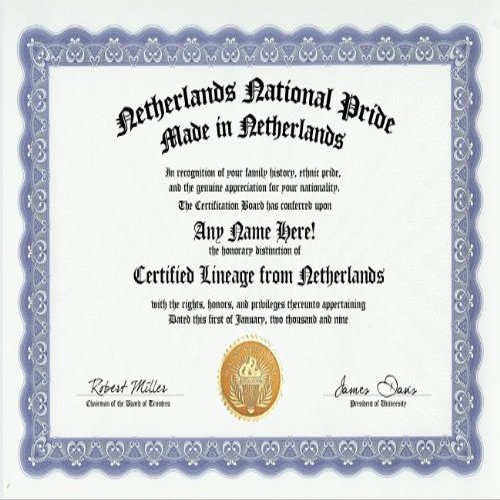 Netherlands Netherlander Dutch National Pride Certification: Custom Gag Nationality Family History Genealogy Certificate (Funny Customized Joke Gift - Novelty Item)