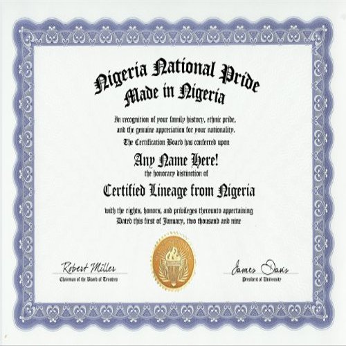 Nigeria Nigerian National Pride Certification: Custom Gag Nationality Family History Genealogy Certificate (Funny Customized Joke Gift - Novelty Item)