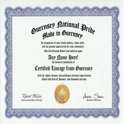Guernsey National Pride Certification: Custom Gag Nationality Family History Genealogy Certificate (Funny Customized Joke Gift - Novelty Item)