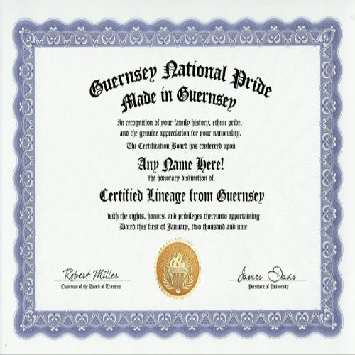 Guernsey National Pride Certification: Custom Gag Nationality Family History Genealogy Certificate (Funny Customized Joke Gift - Novelty Item)