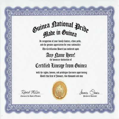 Guinea Guinean National Pride Certification: Custom Gag Nationality Family History Genealogy Certificate (Funny Customized Joke Gift - Novelty Item)