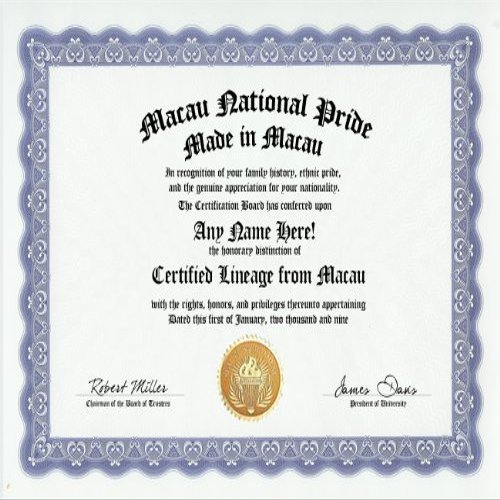 Macau National Pride Certification: Custom Gag Nationality Family History Genealogy Certificate (Funny Customized Joke Gift - Novelty Item)