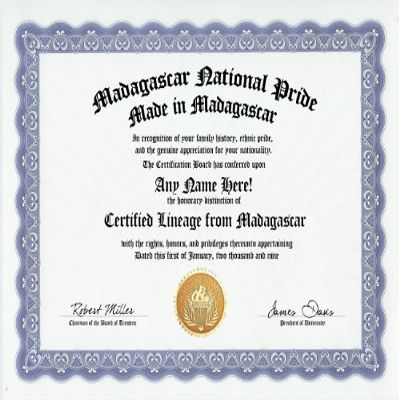 Madagascar Malagasy National Pride Certification: Custom Gag Nationality Family History Genealogy Certificate (Funny Customized Joke Gift - Novelty Item)