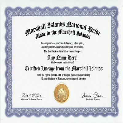 Marshall Islands Marshallese National Pride Certification: Custom Gag Nationality Family History Genealogy Certificate (Funny Customized Joke Gift - Novelty Item)