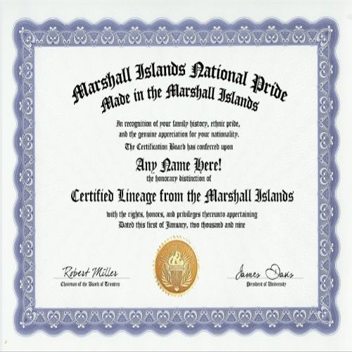 Marshall Islands Marshallese National Pride Certification: Custom Gag Nationality Family History Genealogy Certificate (Funny Customized Joke Gift - Novelty Item)