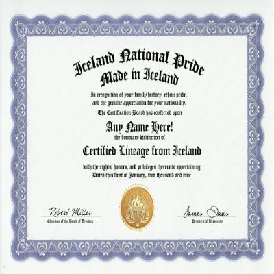Iceland Icelander Icelandic National Pride Certification: Custom Gag Nationality Family History Genealogy Certificate (Funny Customized Joke Gift - Novelty Item)