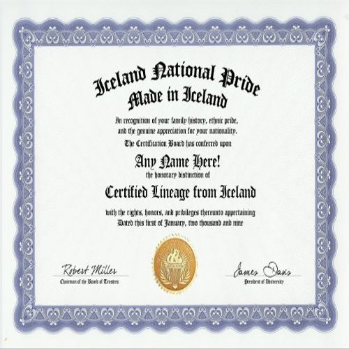 Iceland Icelander Icelandic National Pride Certification: Custom Gag Nationality Family History Genealogy Certificate (Funny Customized Joke Gift - Novelty Item)