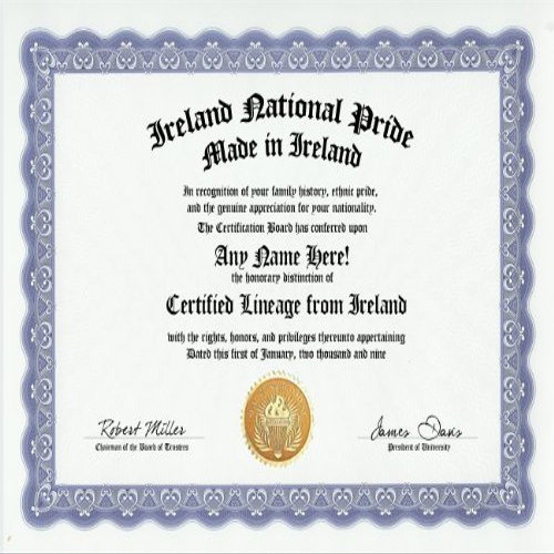 Ireland Irishman Irishwoman Irish National Pride Certification: Custom Gag Nationality Family History Genealogy Certificate (Funny Customized Joke Gift - Novelty Item)