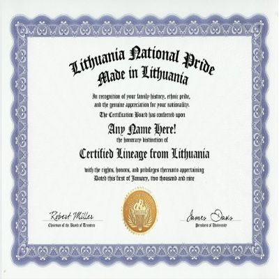 Lithuania Lithuanian National Pride Certification: Custom Gag Nationality Family History Genealogy Certificate (Funny Customized Joke Gift - Novelty Item)