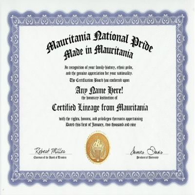 Mauritania Mauritanian National Pride Certification: Custom Gag Nationality Family History Genealogy Certificate (Funny Customized Joke Gift - Novelty Item)