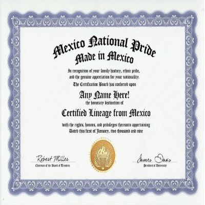 Mexico Mexican National Pride Certification: Custom Gag Nationality Family History Genealogy Certificate (Funny Customized Joke Gift - Novelty Item)