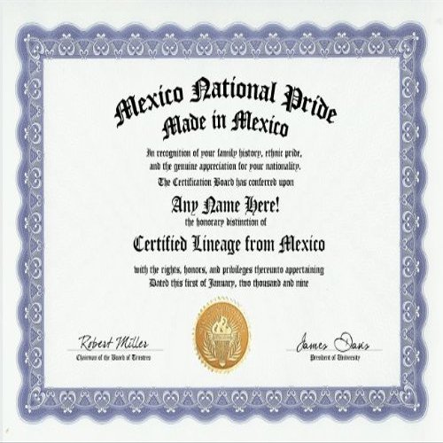 Mexico Mexican National Pride Certification: Custom Gag Nationality Family History Genealogy Certificate (Funny Customized Joke Gift - Novelty Item)