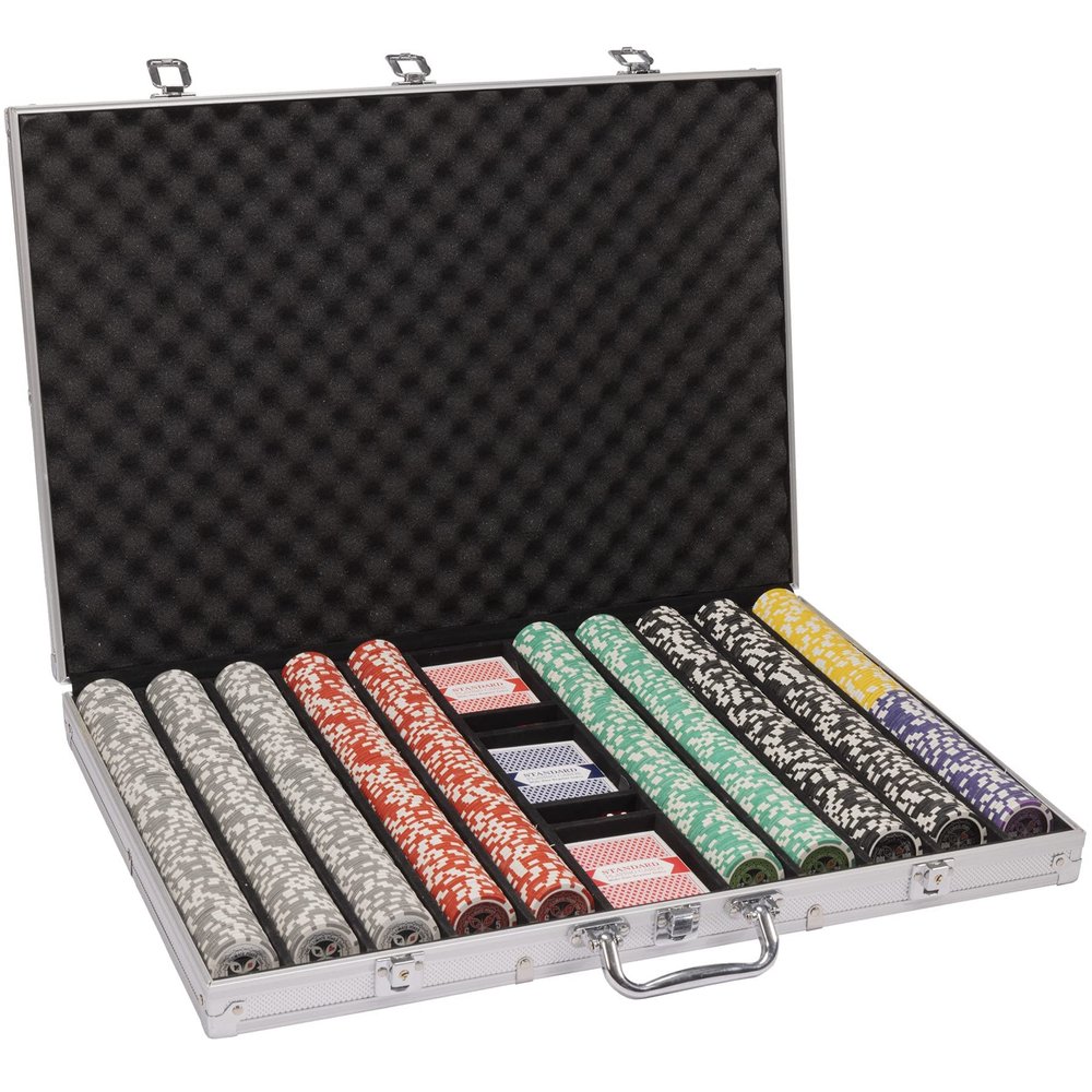 Brybelly 14 Gram 1000 Count Poker Set - The Ultimate - 14G Clay Composite Chips with Aluminum Case, Playing Cards, Dealer Button for Poker, Texas Hold'em, Blackjack, Casino Games at Home