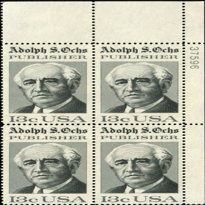ADOLPH S. OCHS ~ NEWSPAPER PUBLISHER ~ NEW YORK TIMES ~ CHATTANOOGA TIMES #1700 Plate Block of 4 x 13 US Postage Stamps