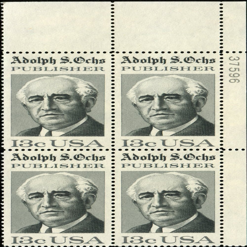 ADOLPH S. OCHS ~ NEWSPAPER PUBLISHER ~ NEW YORK TIMES ~ CHATTANOOGA TIMES #1700 Plate Block of 4 x 13 US Postage Stamps