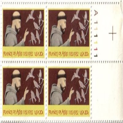 1982 FRANCIS OF ASSISI ~ PATRON SAINT OF ANIMALS #2023 Plate Block of 4 x 20 cents US Postage Stamps by US Post Office Dept