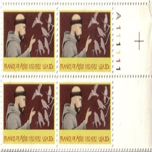 1982 FRANCIS OF ASSISI ~ PATRON SAINT OF ANIMALS #2023 Plate Block of 4 x 20 cents US Postage Stamps by US Post Office Dept