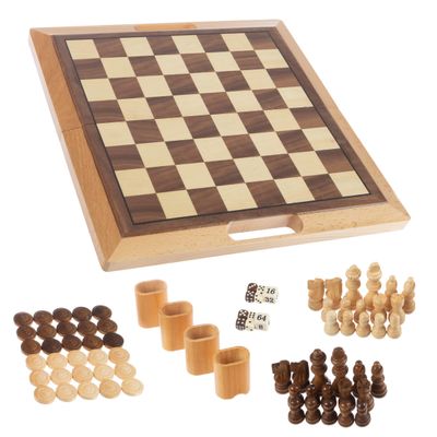 3-in-1 Chess, Backgammon, and Checkers Set Wooden Board Game Set Folds for Practical Storage and Transport Travel Board Games by Trademark Games