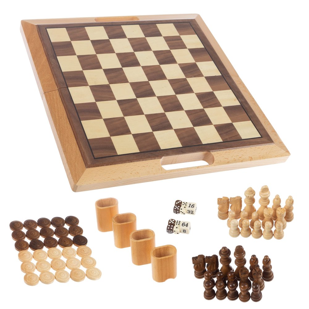 3-in-1 Chess, Backgammon, and Checkers Set Wooden Board Game Set Folds for Practical Storage and Transport Travel Board Games by Trademark Games