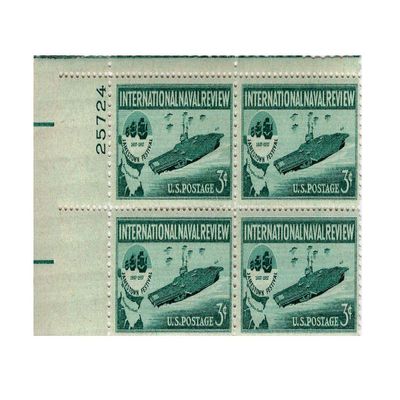 1957 U.S. 3c Stamp International Naval Review #1091, Plateblock of 4 Stamps