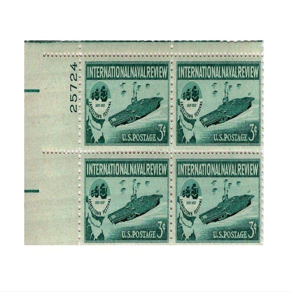 1957 U.S. 3c Stamp International Naval Review #1091, Plateblock of 4 Stamps