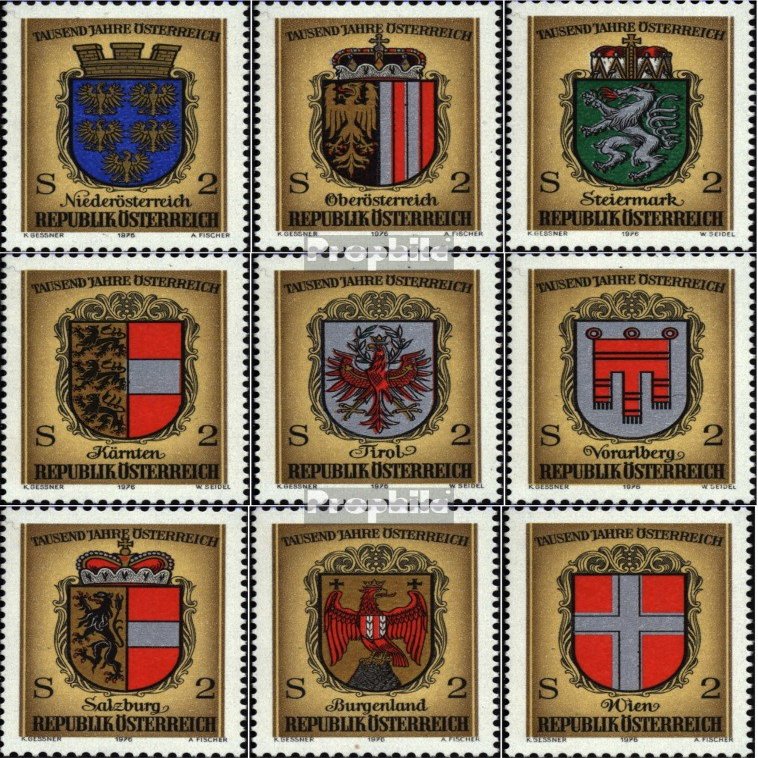 Austria 1522-1530 (Complete.Issue.) unmounted Mint/Never hinged ** MNH 1976 1000J. Crest (Stamps for Collectors) Flags/Coats of Arms/Maps