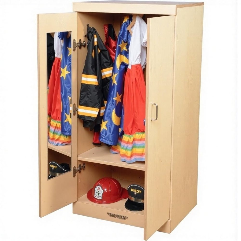 Constructive Playthings Wooden Double Door Dress Up Cupboard with Mirror, Hooks and Storage, Fully Assembled
