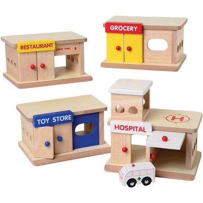 Consecutive Playthings Hospital, Restaurant and Toy & Grocery Stores Wooden Play Buildings and Wooden Ambulance for Ages 3 Years and Up