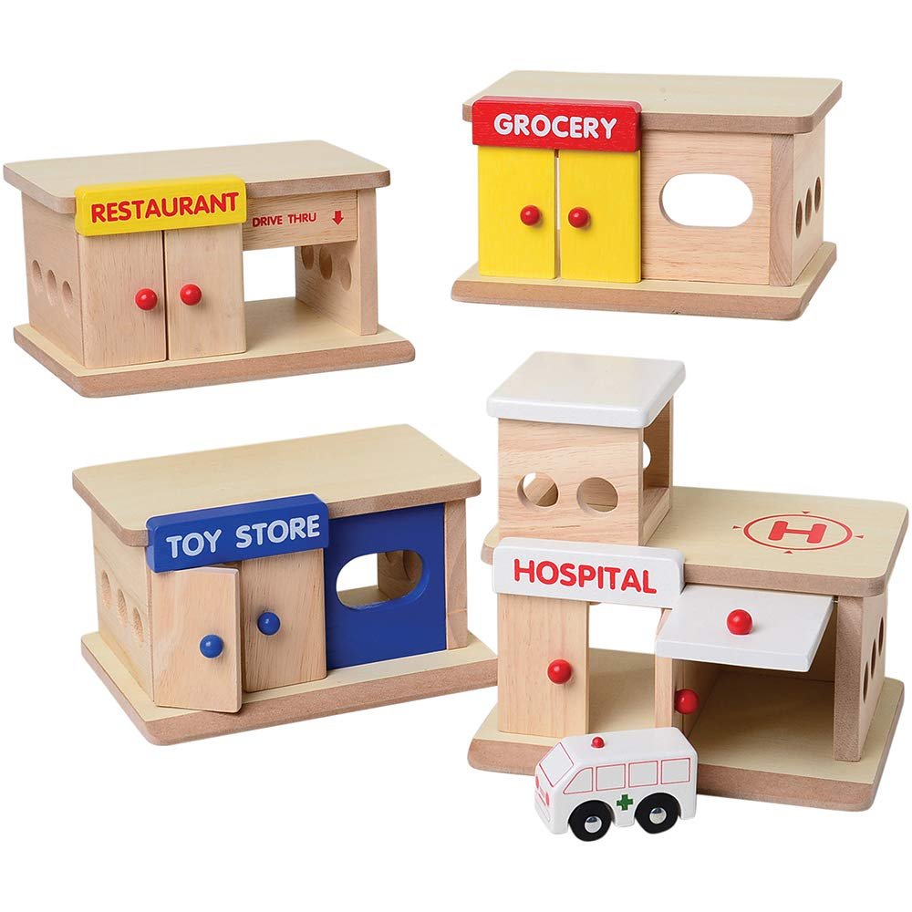 Consecutive Playthings Hospital, Restaurant and Toy & Grocery Stores Wooden Play Buildings and Wooden Ambulance for Ages 3 Years and Up