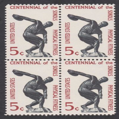 1965 DISCUS THROWER - SOKOLS CENTENNIAL #1262 Plate Block of 4 x 5 cents US Postage Stamps