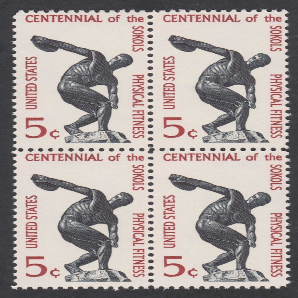 1965 DISCUS THROWER - SOKOLS CENTENNIAL #1262 Plate Block of 4 x 5 cents US Postage Stamps