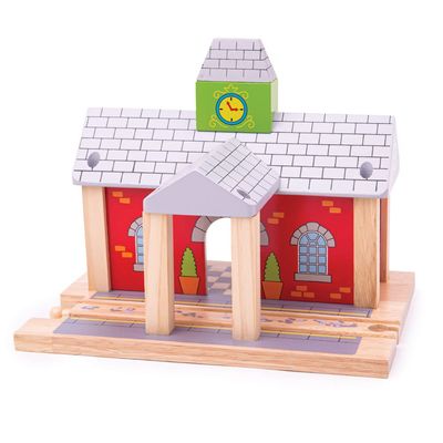 Bigjigs Rail Wooden Train Station | Accessories for Wood Railway Track Set | Toy Engine Parking Playset | Fun Gifts for 3+ Year Old Children | Kids Montessori Learning Tool