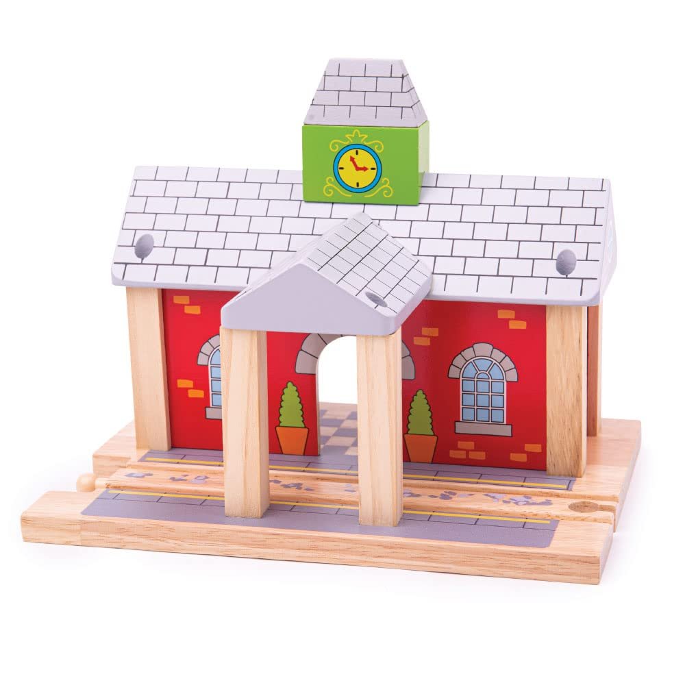 Bigjigs Rail Wooden Train Station | Accessories for Wood Railway Track Set | Toy Engine Parking Playset | Fun Gifts for 3+ Year Old Children | Kids Montessori Learning Tool