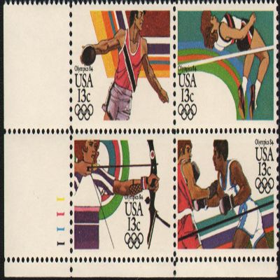 1984 SUMMER GAMES OLYMPICS '84 ~ LOS ANGELES ~ DISCUS ~ HIGH JUMPER ~ ARCHERY ~ BOXING #2051a Plate Block of 4 x 13 US Postage Stamps