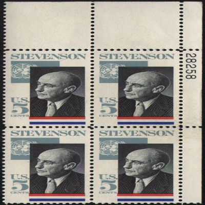 ADLAI STEVENSON ~ PRESIDENTIAL CANDIDATE #1275 Plate Block of 4 x 5 US Postage Stamps