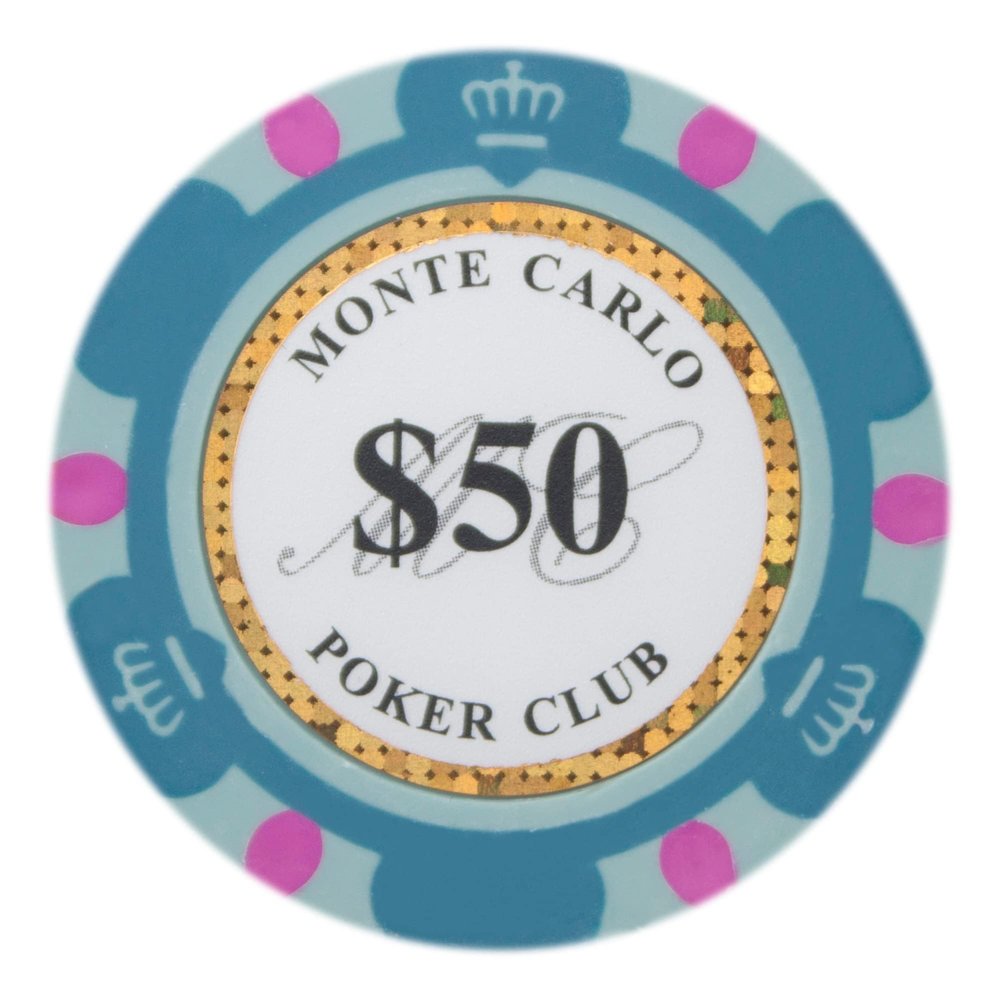 Brybelly Monte Carlo Premium Poker Chips (50-Pack) Heavyweight 14-Gram Clay Composite ($50 Teal)