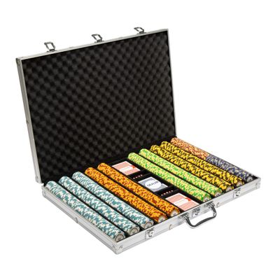 Brybelly 14 Gram 1000 Count Poker Set - Monte Carlo - 14G Clay Composite Chips with Aluminum Case, Playing Cards, Dealer Button for Poker, Texas Hold'em, Blackjack, Casino Games at Home