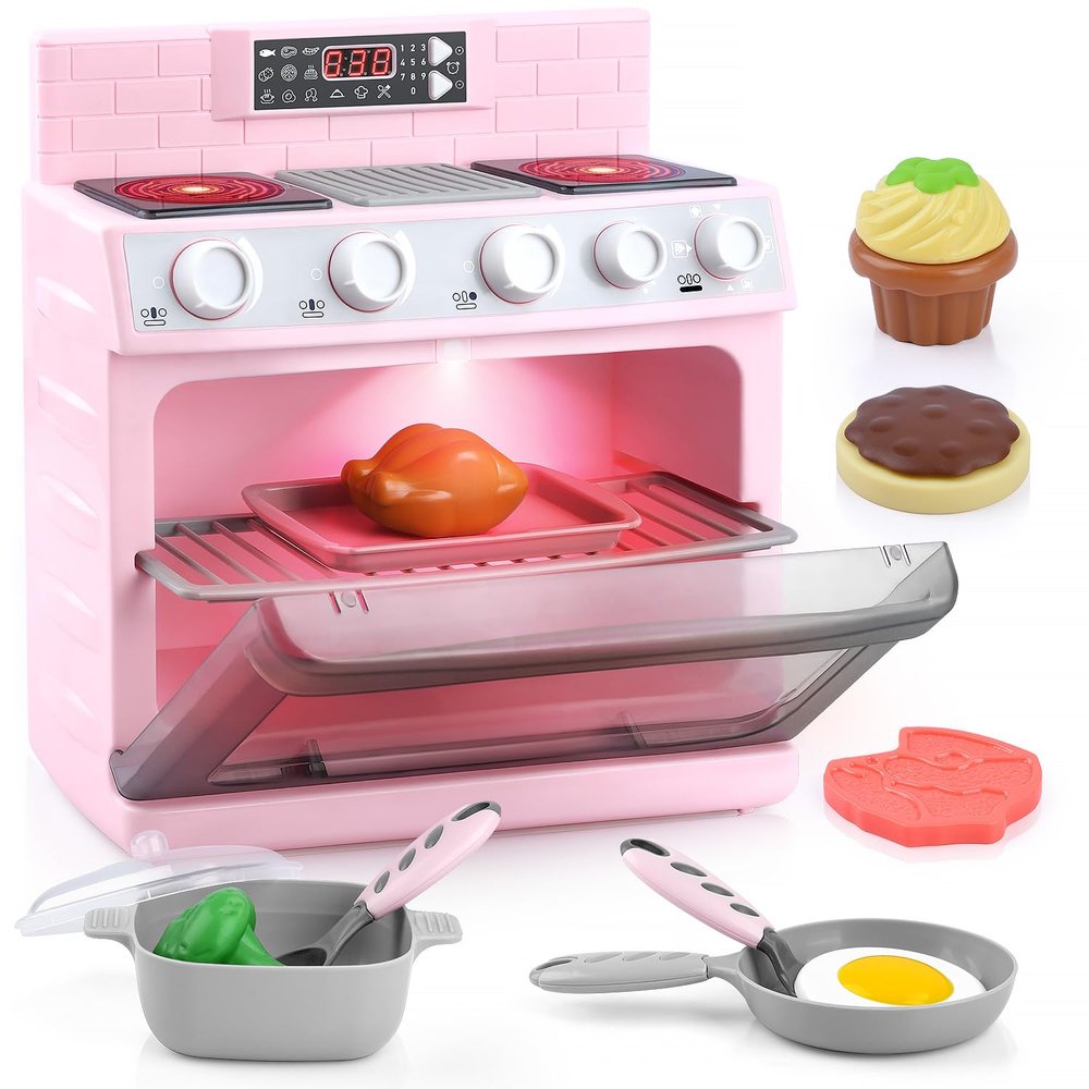 PLAY Toy Oven Kids Kitchen Playset, Kids Play Kitchen Set with 11 Accessories, Realistic Cooking Sounds Lights, Pretend Play Oven Toddler Cooking Gift Set for Girls Boys Ages 3+