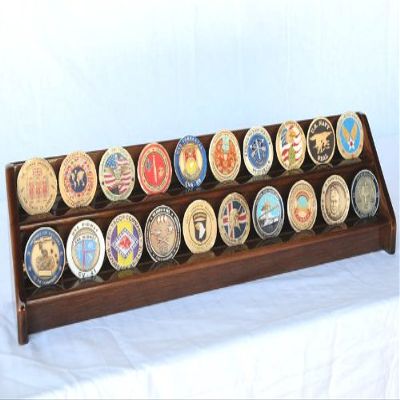 2 Rows Challenge Coin/Casino Chip Display Rack Holder -Walnut Finish