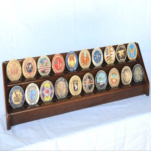 2 Rows Challenge Coin/Casino Chip Display Rack Holder -Walnut Finish