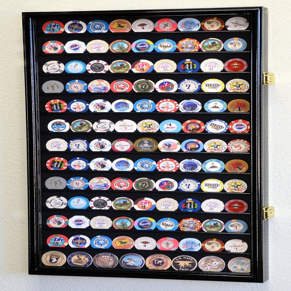 117 L Casino Chip Coin Display Case Cabinet Chips Holder Wall Rack 98% UV Lockable, Black