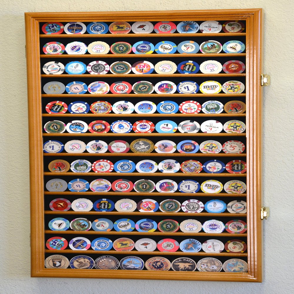 117 L Casino Chip Coin Display Case Cabinet Chips Holder Wall Rack 98% UV Lockable, Oak
