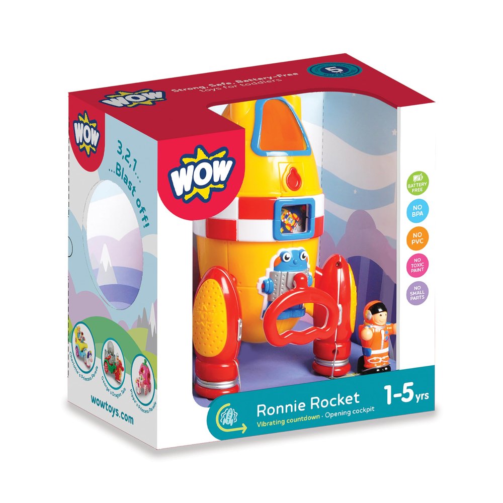 WOW Toys Ronnie the Rocket Friction Powered Space Rocket with Astronaut & Countdown Sounds | No Batteries, Durable Toddler Toy for Ages 15